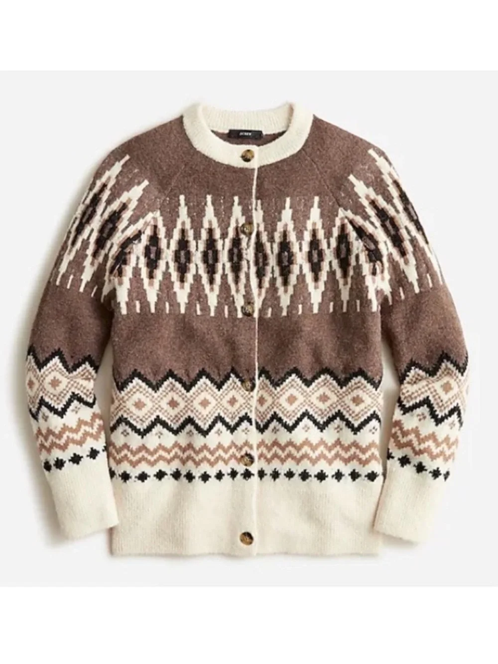 J. Crew Sweater Wool Blend Fair Isle Cardigan XL Brown Cream Relaxed Fit Fall